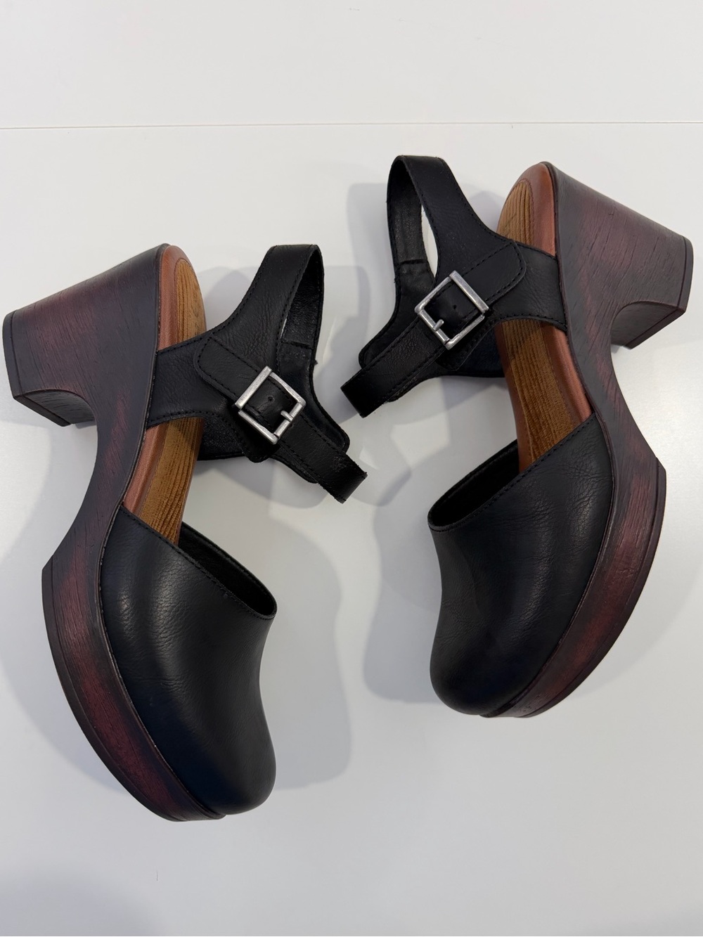 BOC Women's Black Leather Mules with Wooden Heel 10 Natasha